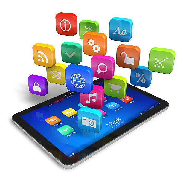 istock Tablet PC with cloud of application icons 150017292