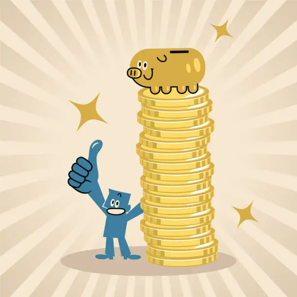 Vector illustration of A smiling blue man shows a golden piggy bank and a stack of gold coin money and gives a thumbs up