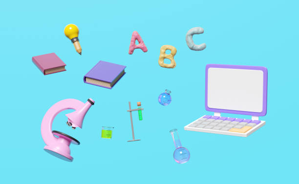 istock 3d laptop computer monitor with microscope, beaker, test tube, character ABC clay toy icon float isolated on blue background. room online innovative education, 3d render illustration, clipping path 1500176761