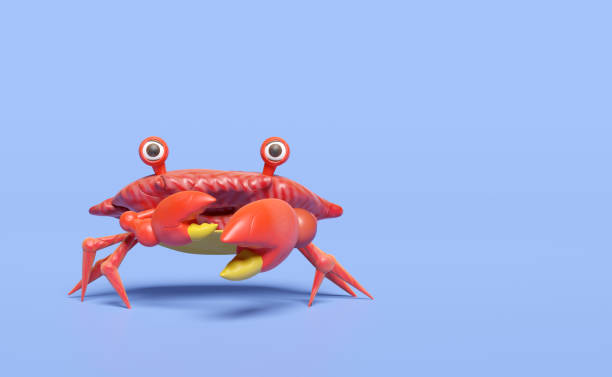 3d red crab from plasticine isolated on blue background. clay toy icon concept, 3d illustration render, clipping path