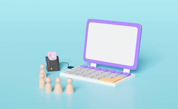 istock 3d purple laptop computer with wooden figures row, smart card reader, external USB card reader, Id card icon isolated on blue background. 3d render illustration, clipping path 1500176797
