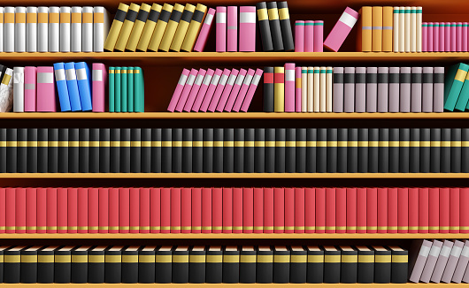 close up book shelves in library, education and learning concept, 3d illustration or 3d rendering