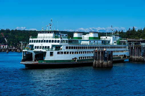 A decommissioned Ferry at the Bainbridge Island Terminal awaits removal.