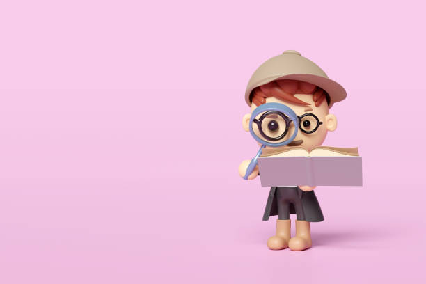 ピンクの背景に3d漫画の少年探偵キャラクターが虫眼鏡、茶色の帽子を持つ開いた本を持つ。研究、コンセプトの研究、3dレンダリングイラスト、クリッピングパス - magnifying glass book scrutiny research ストックフォトと画像