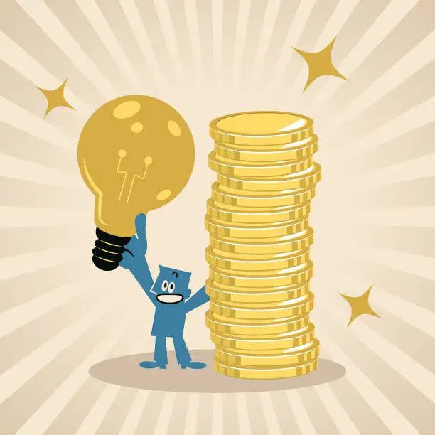 Vector illustration of A smiling blue man shows a big idea light bulb and a stack of gold coin money