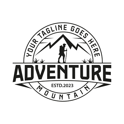 Vintage retro adventure mountaineer silhouette outdoor adventure stamp