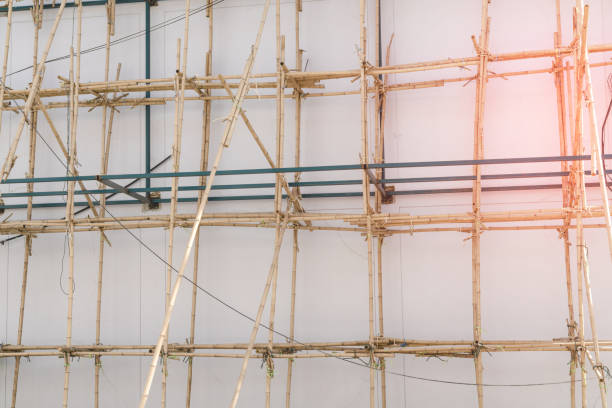 scaffolding at construction with wooden bamboo