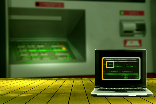 Hackler Machine Picture Computer With Hacker Automatic Teller Machine Blur Background Stock ...