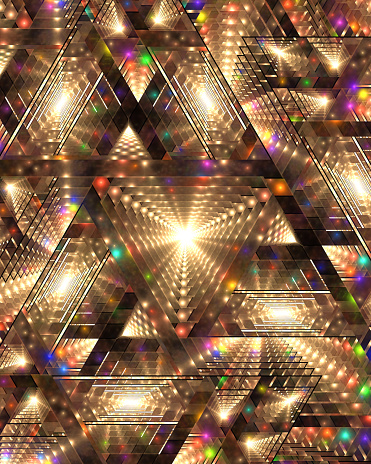 Abstract fractal art which suggests infinite mirrors reflecting multi-colored lights. Disco, party, celebration.