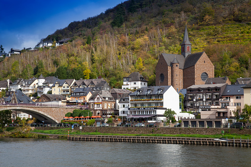 Skagerak-Bridge with St Remaclus church in  Cochem,  Moselle, Rhineland-Palatinate, Germany, Europe