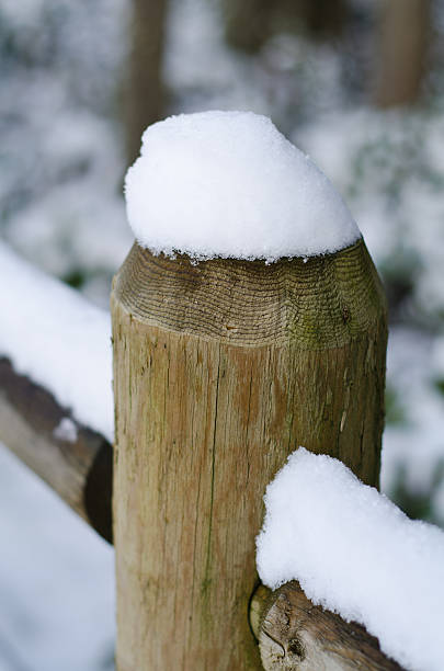 Snow covered fence post detail stock photo