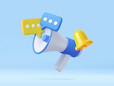 3D Megaphone with speech bubble and bell notification. Loudspeaker for announce promotion in social media and network. 3d rendering. Vector illustration