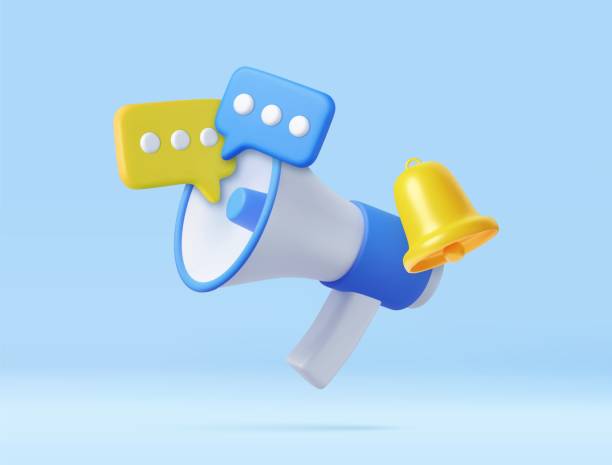 3D Megaphone with speech bubble and bell notification. 3D Megaphone with speech bubble and bell notification. Loudspeaker for announce promotion in social media and network. 3d rendering. Vector illustration marketing stock illustrations
