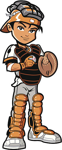 Cartoon of a young male baseball player in catcher gear confident man boy baseball player catcher in catcher's uniform showing attitude softball homerun stock illustrations