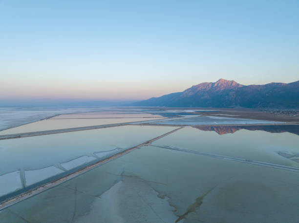 Aerial view of salt and suplhur ponds. Taken via drone. Acigol Lake (Acı Göl) in Turkey.