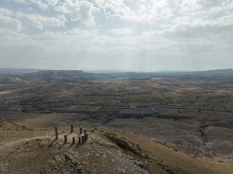 Old ruins top on the hill. Taken via drone. Cappodacia in Nevsehir, Turkey.