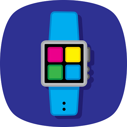 Vector illustration of a hand drawn smartwatch with apps against a blue background.