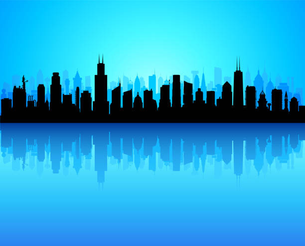 ilustraciones, imágenes clip art, dibujos animados e iconos de stock de chicago (todos los edificios son completos y se pueden mover) - night cityscape reflection usa
