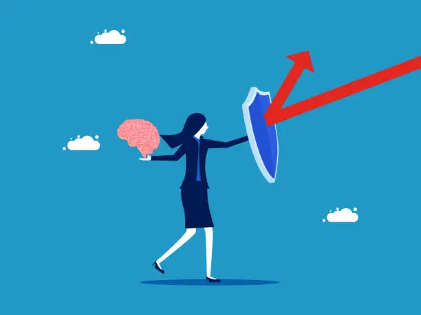 Vector illustration of Protect mind or brain. Businesswoman with shield protects brain from arrow attack