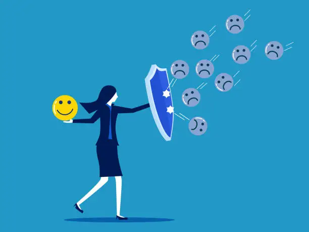 Vector illustration of Positive thinking. Businesswoman holding a shield against the attack of negative thoughts
