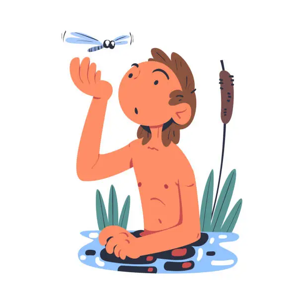 Vector illustration of Man Character in Pond Studying Nature Exploring Flying Dragonfly Vector Illustration