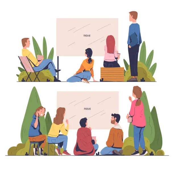 Vector illustration of People Watching Movie Sitting in Open Air Cinema Together with Popcorn Vector Set