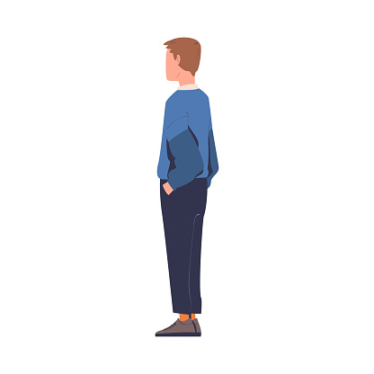 Man Character Standing and Watching Movie in Open Air Cinema Vector Illustration. Young Male Enjoying Outdoor Theatre
