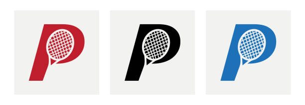 문자 p padel 테니스 로고. 패들 라켓 로고 디자인. 비치 탁구 클럽 기호 - tennis court tennis ball table tennis stock illustrations