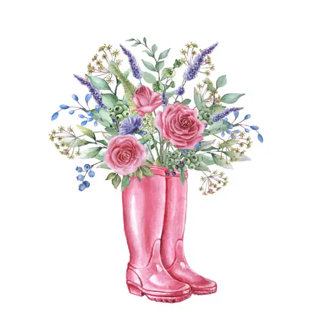 Vector illustration of Summer bouquet of flowers in rubber boots
