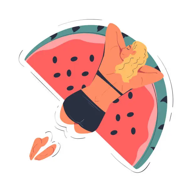 Vector illustration of Woman Character Floating on Watermelon Air Mattress in Swimming Pool Vector Illustration