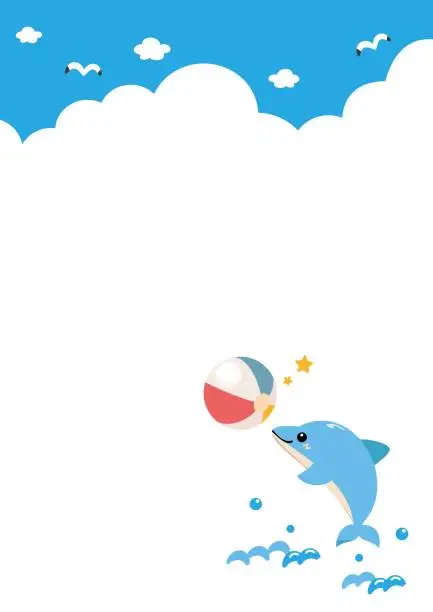 Vector illustration of Illustration frame of a dolphin playing with a ball - vertical