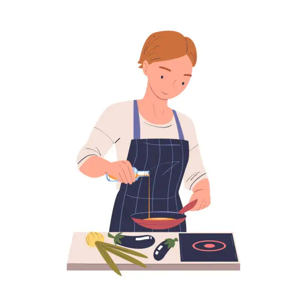Vector illustration of Woman Character Cooking at Home Standing at Table Pouring Oil on Frying Pan Vector Illustration
