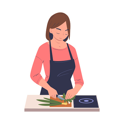 Woman Character Cooking at Home Standing at Table Chopping Onion with Knife Vector Illustration. Young Female in Apron Preparing Food and Meal at Kitchen
