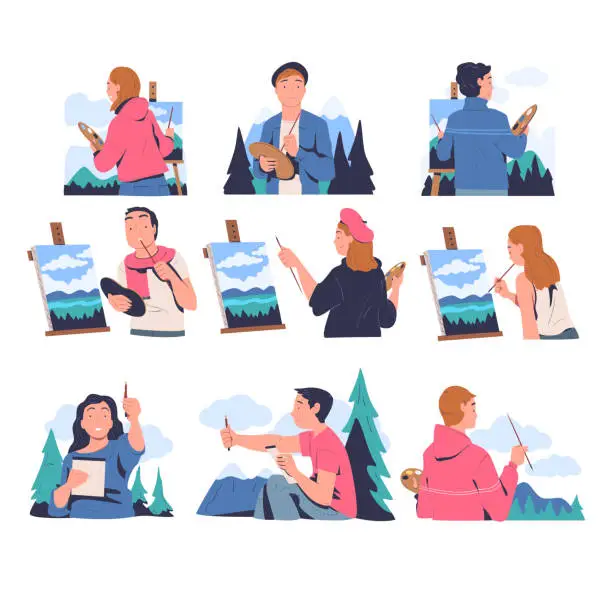 Vector illustration of People Characters Drawing Nature Landscape with Easel and Brush on Canvas Vector Set
