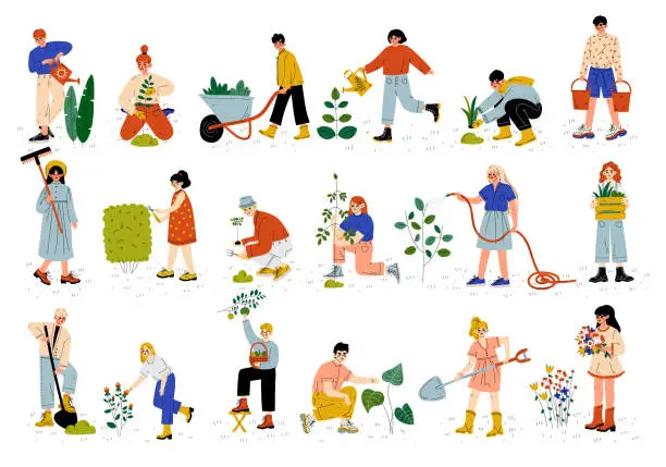 Vector illustration of People Characters Gardening Cultivating Soil and Plant Big Vector Set