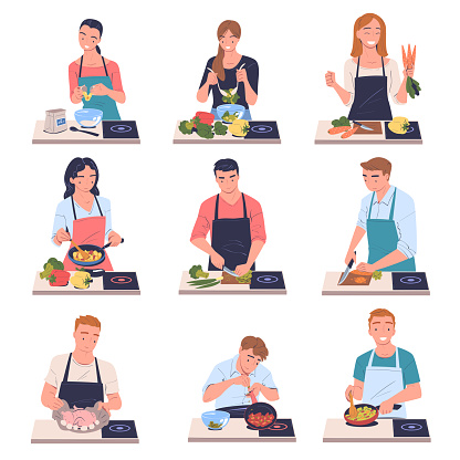 People Characters Cooking at Home Wearing Apron Standing at Table Vector Set. Young Man and Woman Preparing Food and Meal at Kitchen