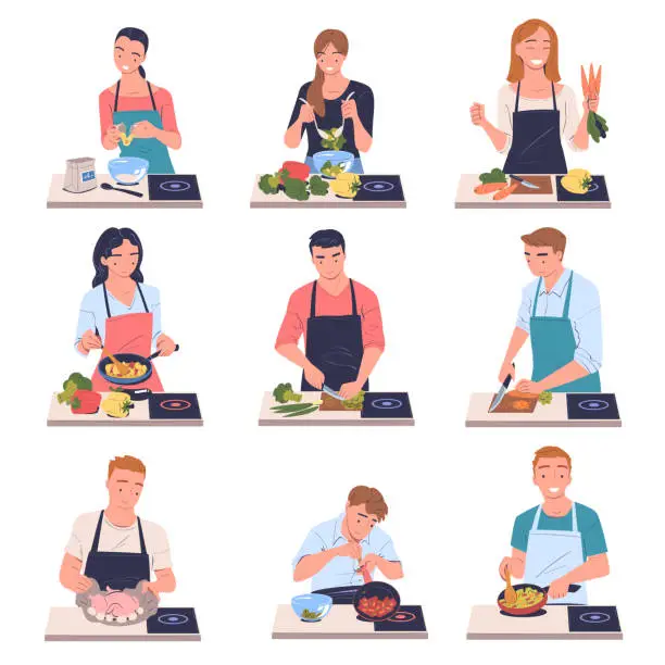Vector illustration of People Characters Cooking at Home Wearing Apron Standing at Table Vector Set