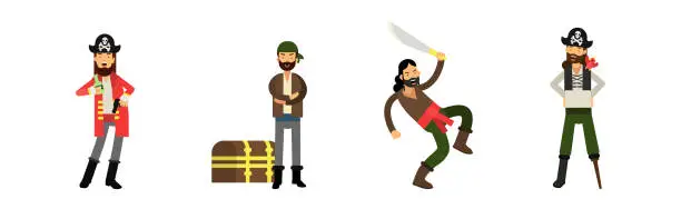 Vector illustration of Bearded Man Pirate in Hat with Saber Vector Set