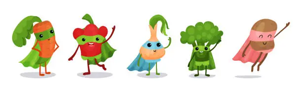 Vector illustration of Funny Vegetables Wearing Superhero Cloak Vector Set