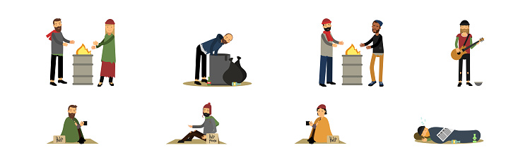 Homeless People Characters in Rags Begging for Help Vector Set. Poor Roofless Man and Woman Living in Poverty