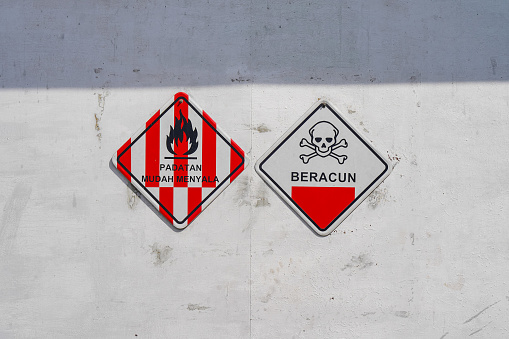 Symbol of flammable and toxic solids on walls, hazardous areas.