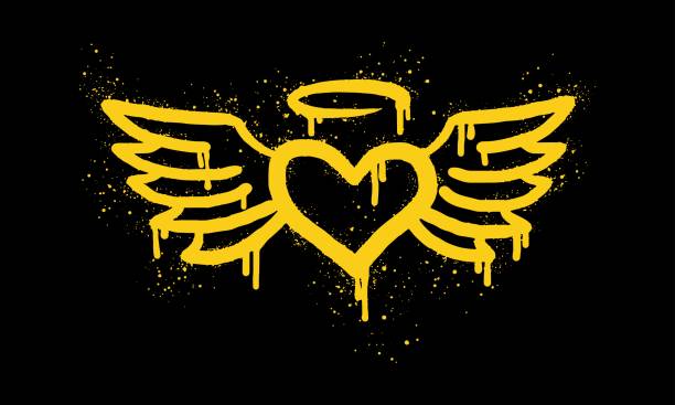 Spray painted graffiti flying heart icon in gold color. Heart with wings drip symbol Spray painted graffiti flying heart icon in gold color. Heart with wings drip symbol. isolated on black background. vector illustration sketches-of-hearts-with-wings-clip-art stock illustrations