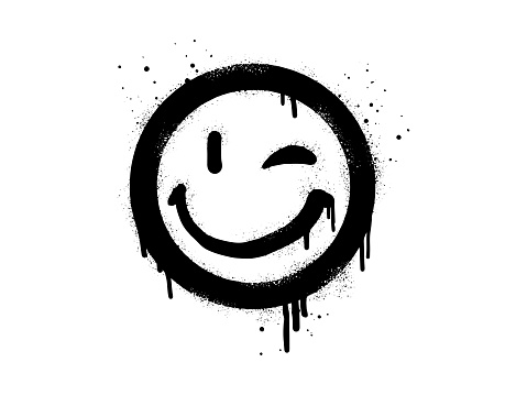 smiling face emoji character. Spray painted graffiti smile face in black over white. isolated on white background. vector illustration
