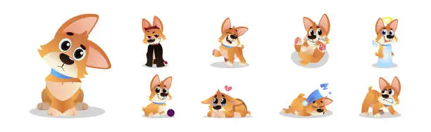 Vector illustration of Cute Cartoon Puppy with Big Ears Showing Different Mood and Emotion Vector Set