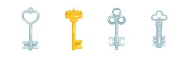 Vector illustration of Golden and Silver Key as Device for Closing and Opening Door Vector Set