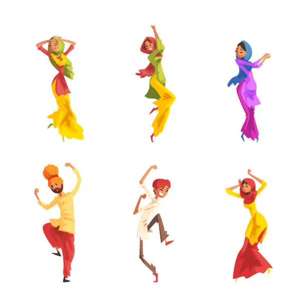 Vector illustration of People Character Indian Dancers in Traditional Turban and Sari Dress Vector Set