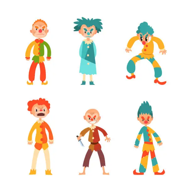 Vector illustration of Creepy Clown Characters with Angry Frowning Face and Knife Vector Set