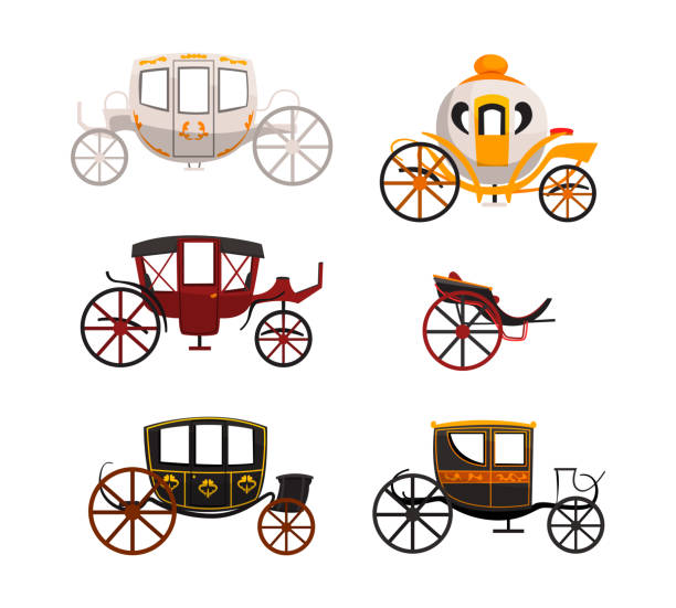 Antique Carriage or Chariot as Four-wheeled Vehicle with Footplate and Hood Vector Set Antique Carriage or Chariot as Four-wheeled Vehicle with Footplate and Hood Vector Set. Enclosed and Open Wagon or Cart for Carrying Passenger caleche stock illustrations