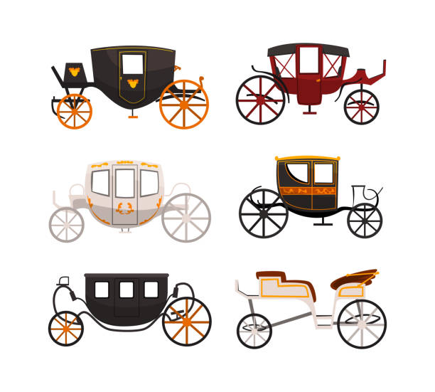 Antique Carriage or Chariot as Four-wheeled Vehicle with Footplate and Hood Vector Set Antique Carriage or Chariot as Four-wheeled Vehicle with Footplate and Hood Vector Set. Enclosed and Open Wagon or Cart for Carrying Passenger caleche stock illustrations