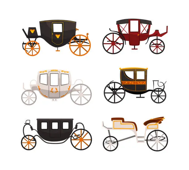 Vector illustration of Antique Carriage or Chariot as Four-wheeled Vehicle with Footplate and Hood Vector Set